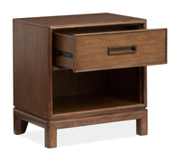 Magnussen Home Ridgefield Russet Queen Upholstered Panel Storage Bed With Open Nightstand