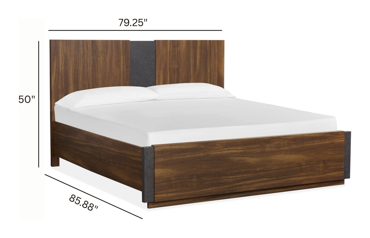 Magnussen Home Jensen Tavern Brown King Panel Bed 2 Nightstands Double Drawer Dresser With Landscape Mirror And Drawer Chest