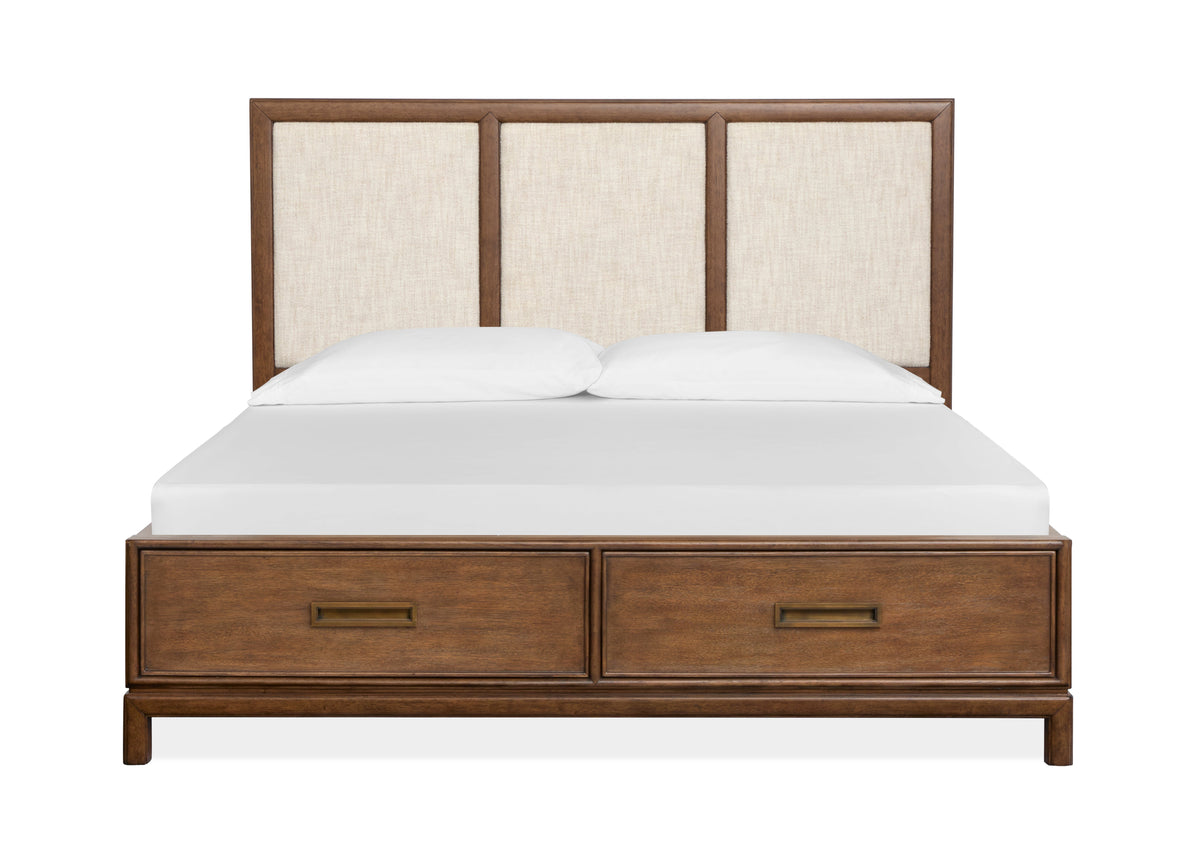 Magnussen Home Ridgefield Russet Queen Upholstered Panel Storage Bed With Open Nightstand