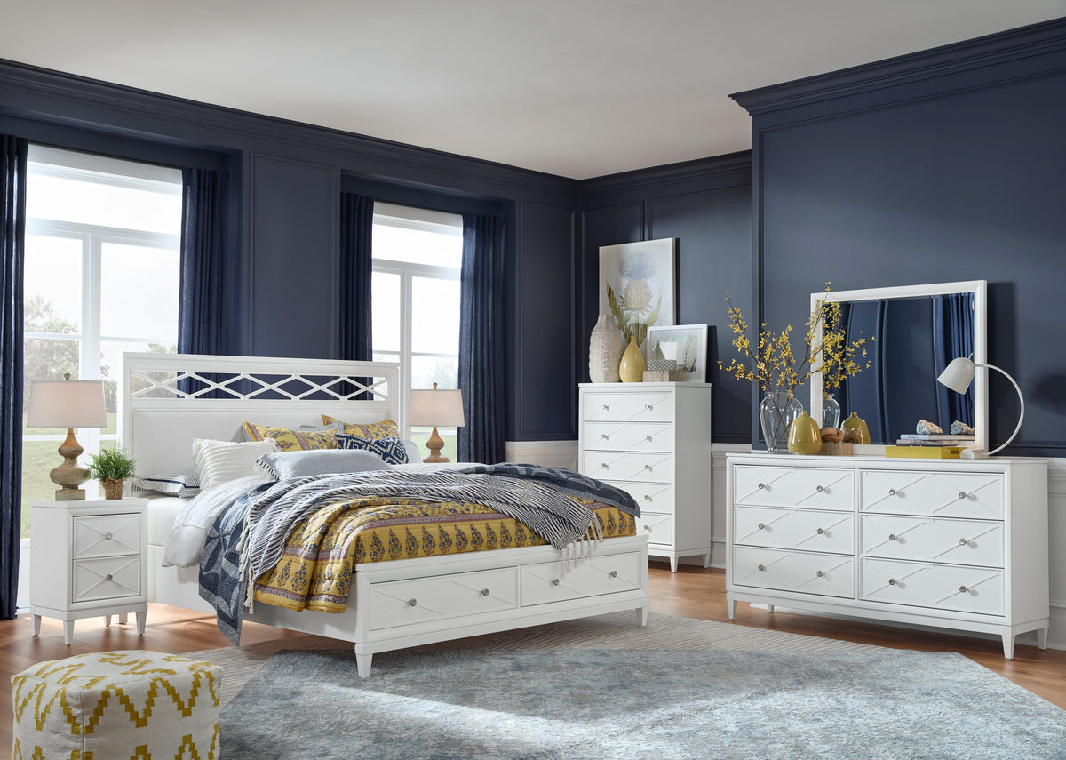 Magnussen Home Springhouse Whisper White King Upholstered Panel Storage Bed