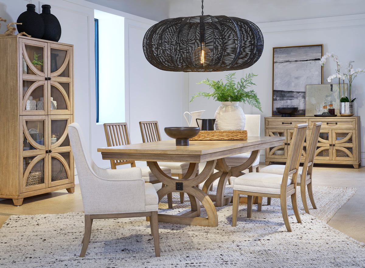 Magnussen Home Coventry Honey Maple Extendable Trestle Dining Table With 4 Side Chairs And Buffet