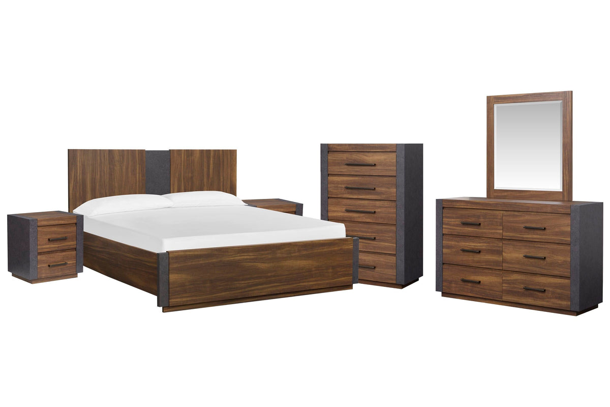 Magnussen Home Jensen Tavern Brown King Panel Bed 2 Nightstands Double Drawer Dresser With Landscape Mirror And Drawer Chest