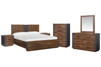 Magnussen Home Jensen Tavern Brown King Panel Bed 2 Nightstands Double Drawer Dresser With Landscape Mirror And Drawer Chest