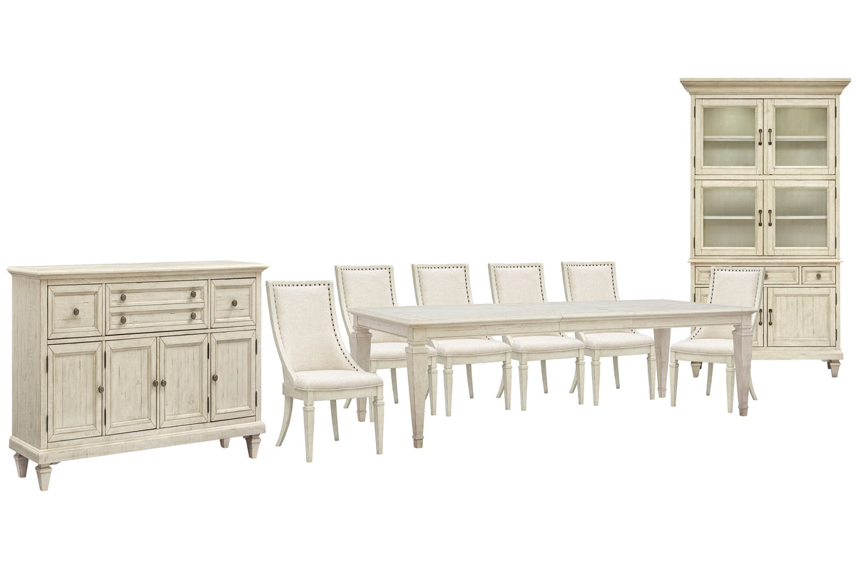 Magnussen Home Newport Alabaster Extendable Rectangular Dining Table With 6 Arm Chairs Buffet And Dining Cabinet