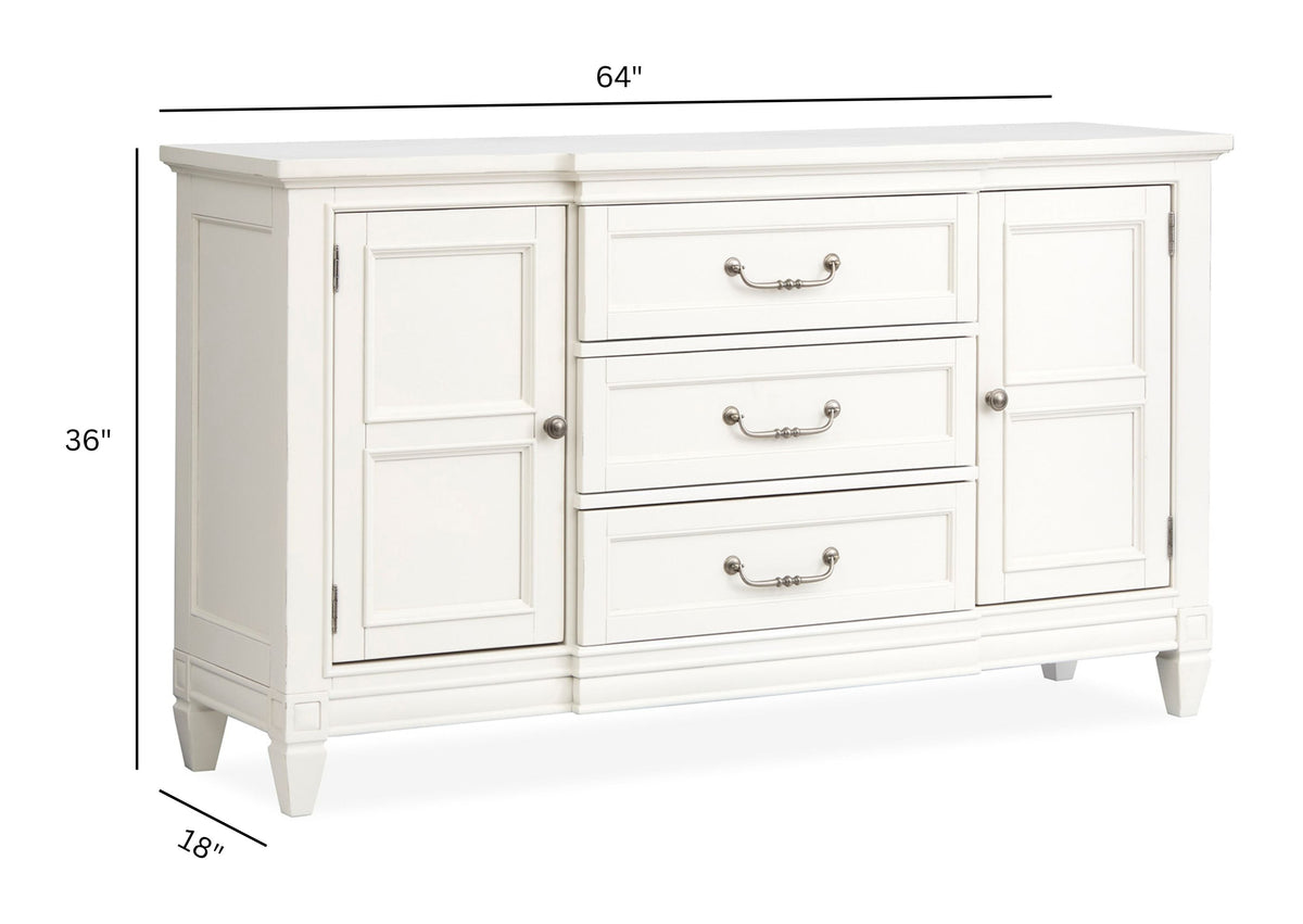 Magnussen Home Willowbrook Egg Shell White Extendable Rectangular Dining Table With 4 Side Chairs 2 Upholstered Side Chairs And Buffet