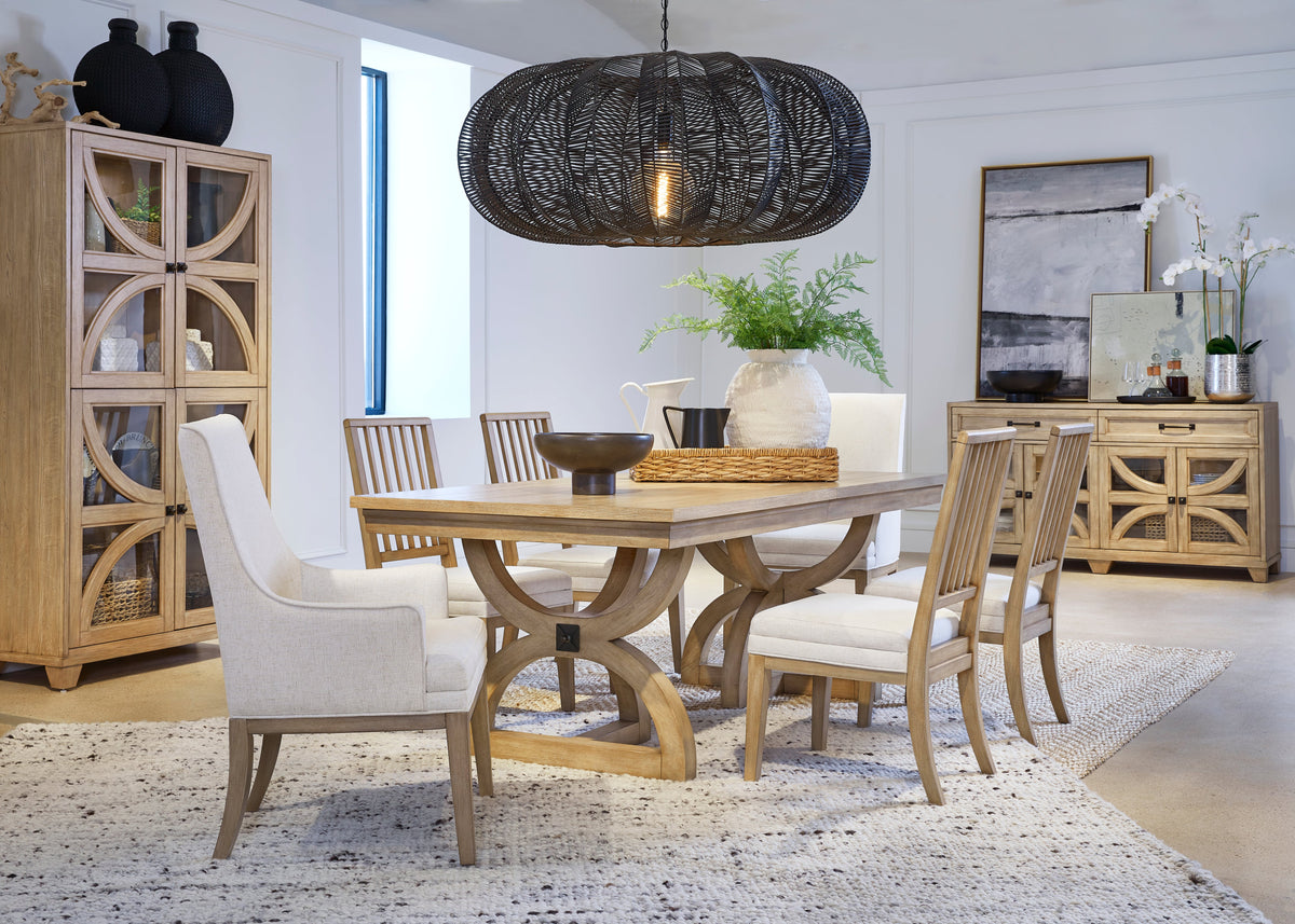 Magnussen Home Coventry Honey Maple Extendable Trestle Dining Table With 6 Upholstered Side Chairs