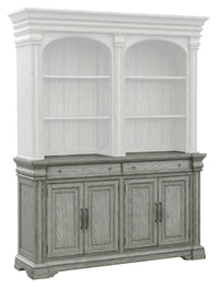 Pulaski Madison Ridge Bluff Grey Farmhouse Leg Dining Table With 4 Side Chairs And Server