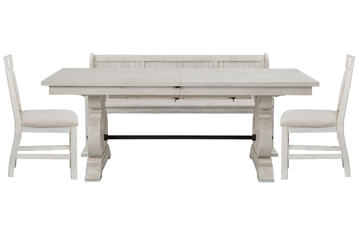 Magnussen Home Bronwyn Alabaster Extendable Rectangular Dining Table With 2 Upholstered Side Chairs And Bench