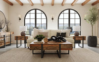 Magnussen Home Prescott Rustic Honey And Distressed Iron Condo Rectangular Cocktail Table With 2 End Table And Sofa Table