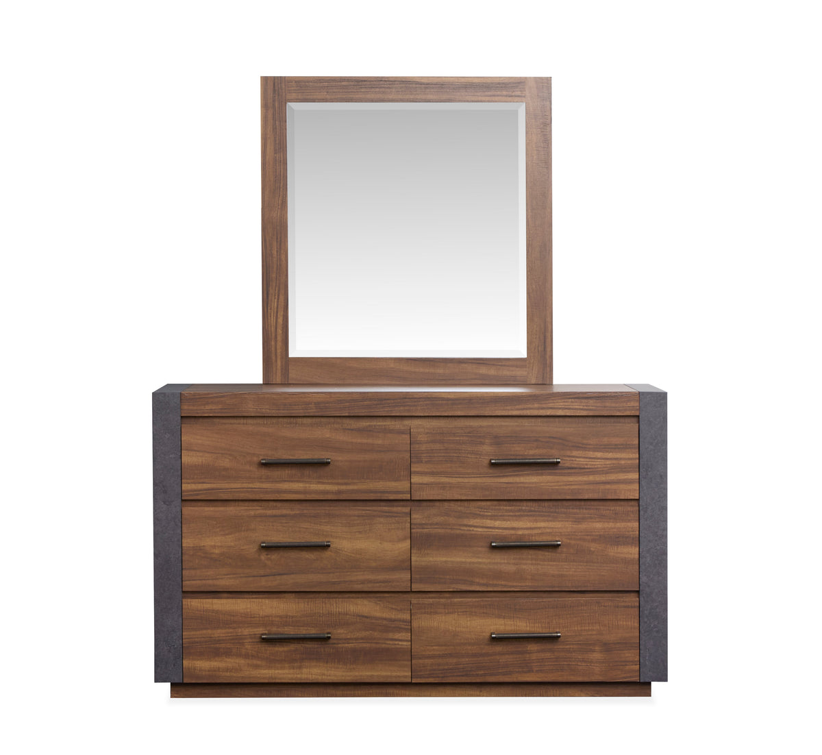 Magnussen Home Jensen Tavern Brown King Panel Bed 2 Nightstands Double Drawer Dresser With Landscape Mirror And Drawer Chest