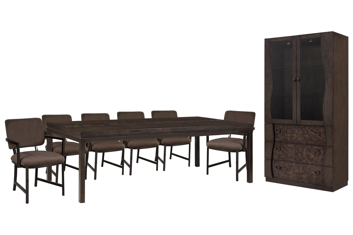 Pulaski Modern Mosaic Brown Leg Dining Table With 6 Arm Chairs And Sideboard