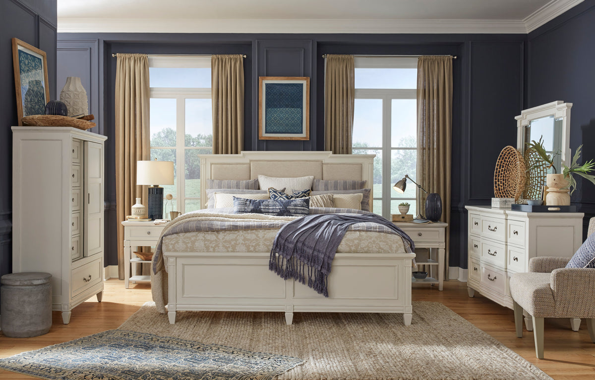 Magnussen Home Willowbrook Egg Shell White California King Panel Upholstered Bed With Nightstand