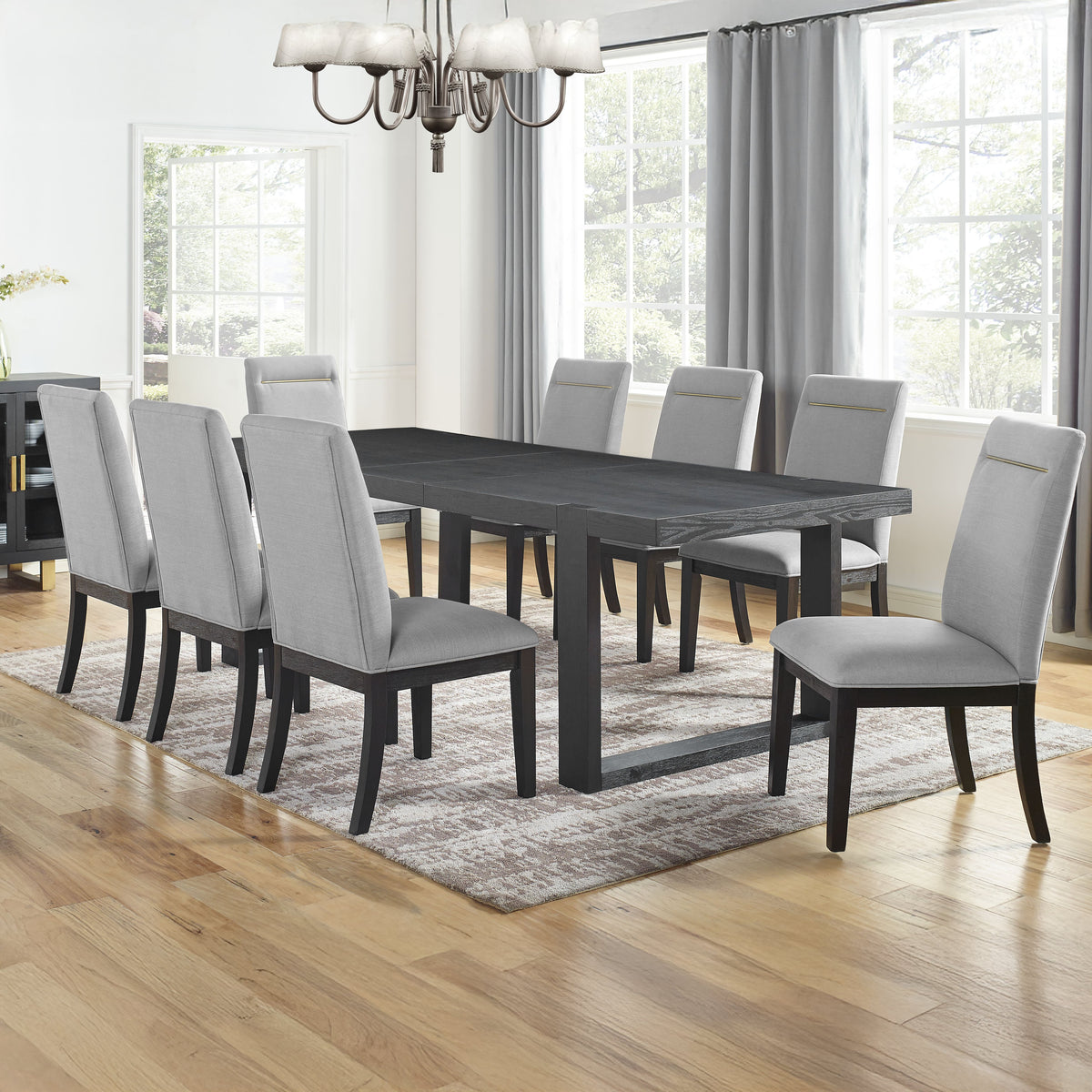 Yves Black Dining Table With 8 Grey Chairs and Server
