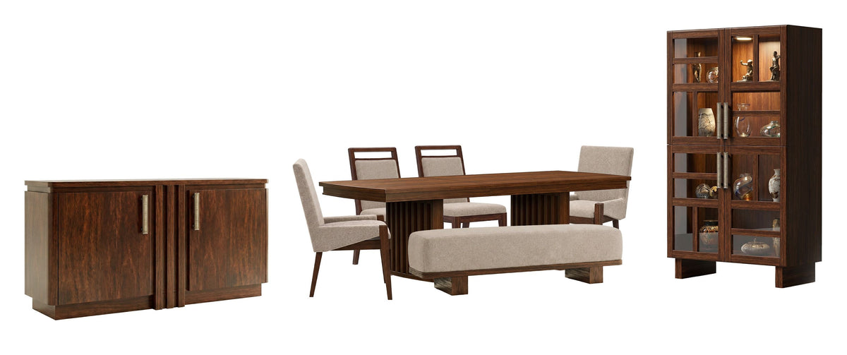 Magnussen Home Reena Rich Brown Extendable Trestle Dining Table With 2 Side Chairs 2 Host Chairs Bench Sideboard And Display Cabinet
