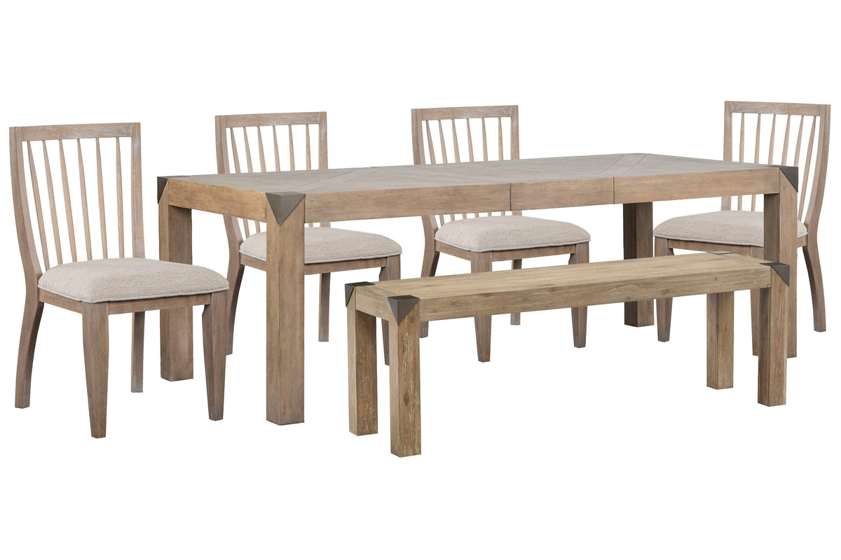 Magnussen Home Ainsley Cerused Khaki Extendable Rectangular Dining Table With 4 Side Chairs And Bench