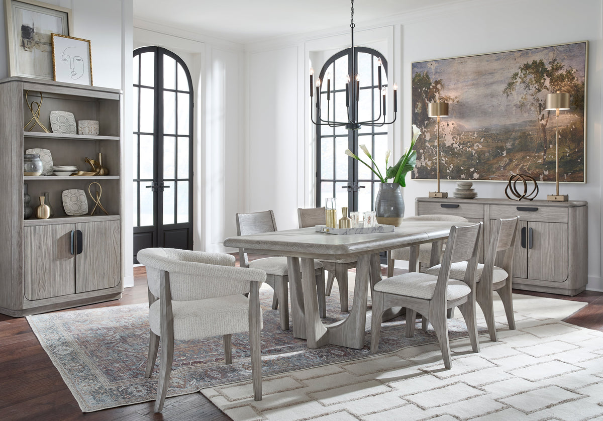 Magnussen Home Braelyn Dorian Grey Extendable Trestle Dining Table With 6 Side Chairs Bench And Server