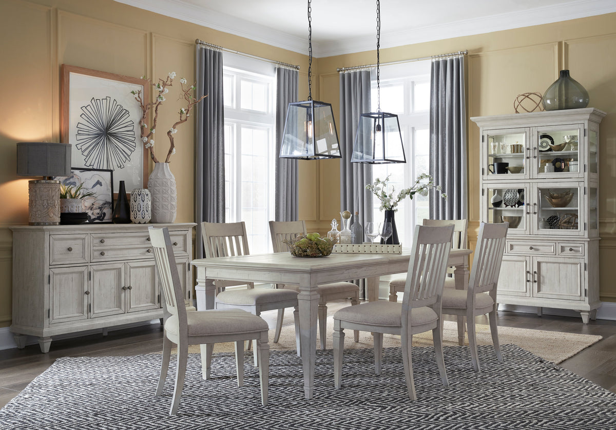 Magnussen Home Newport Alabaster Extendable Rectangular Dining Table With 2 Upholstered Benches 2 Side Chairs And Buffet