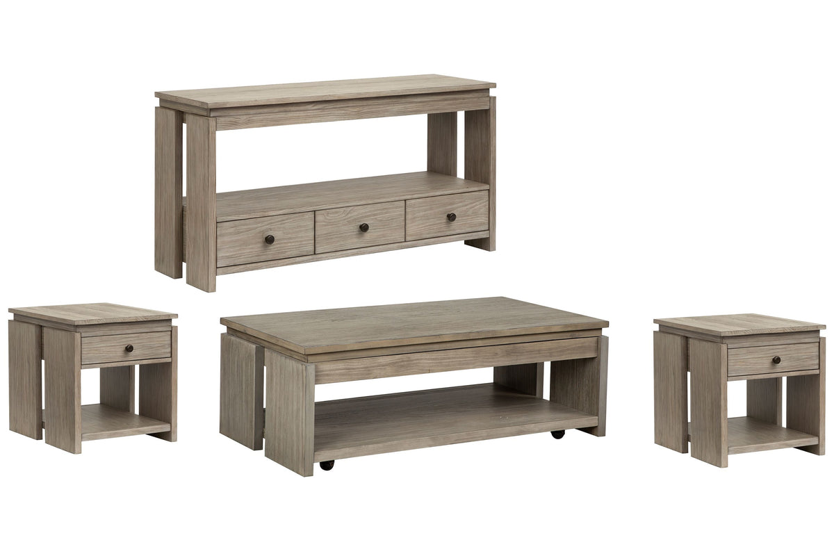 Magnussen Home Conrad Stone Harbor Grey Rectangular Lift Top Storage Cocktail Table With 2 End Table And Sofa Table