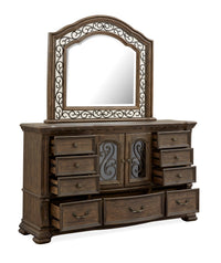 Magnussen Home Durango Willadeene Brown California King Upholstered Sleigh Storage Bed 2 Nightstands Drawer Dresser With Shaped Mirror And Drawer Chest