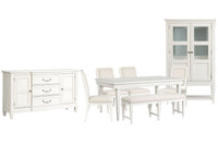 Magnussen Home Willowbrook Egg Shell White Extendable Rectangular Dining Table With 4 Upholstered Side Chairs Upholstered Bench Buffet And Display Cabinet