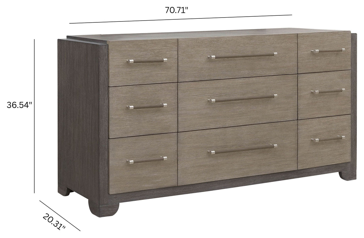 Pulaski Anderson Park Moose Trail And Frontier Brown California King Upholstered Panel Bed 2 Open Nightstands Drawer Dresser With Mirror And Drawer Chest