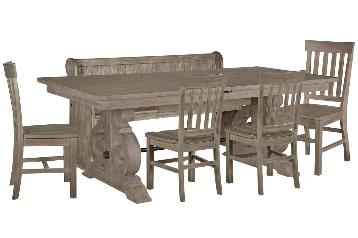 Magnussen Home Tinley Park Dove Tail Grey Extendable Rectangular Dining Table With 4 Side Chairs And Bench
