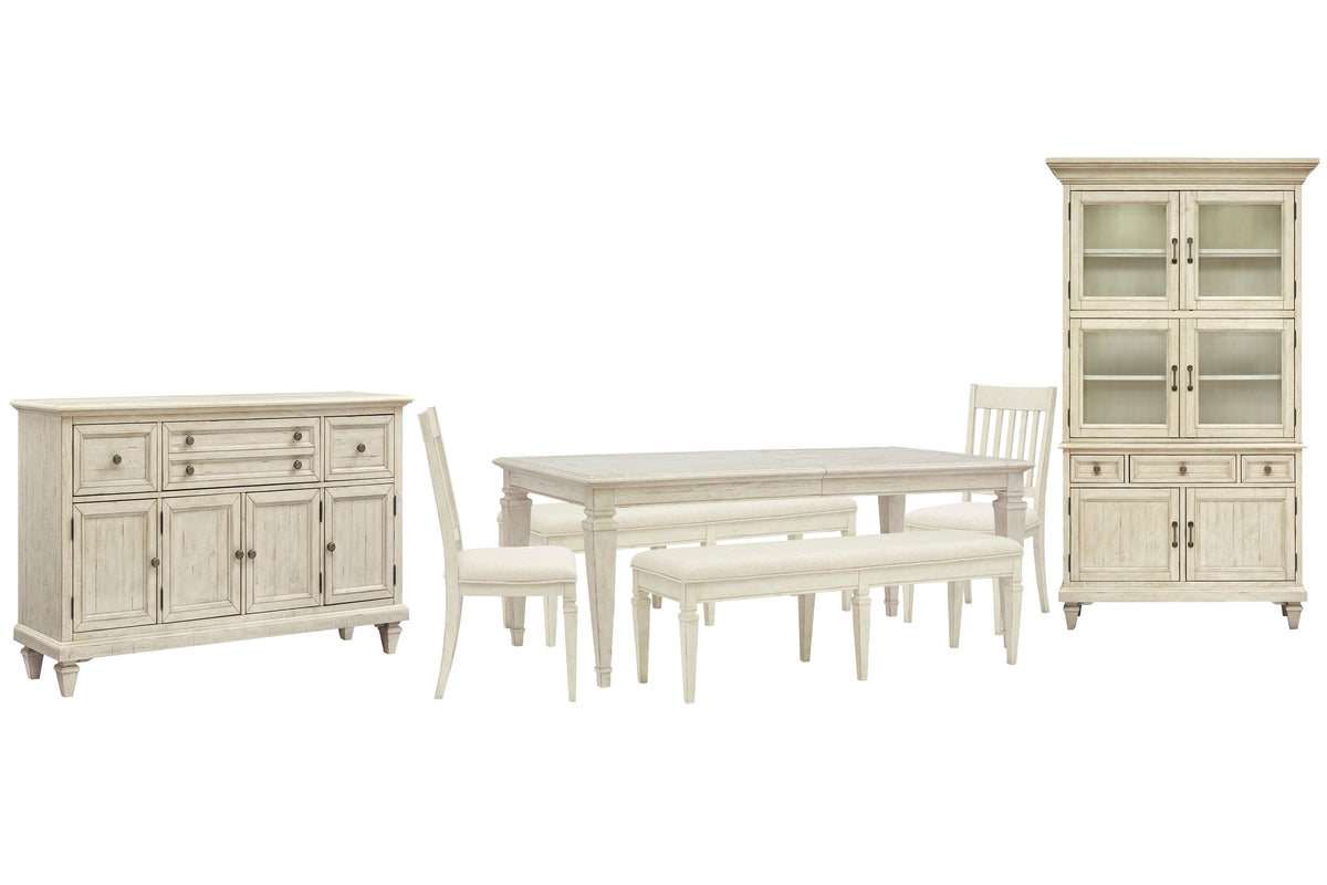 Magnussen Home Newport Alabaster Extendable Rectangular Dining Table With 2 Benches 2 Side Chairs Buffet And Dining Cabinet