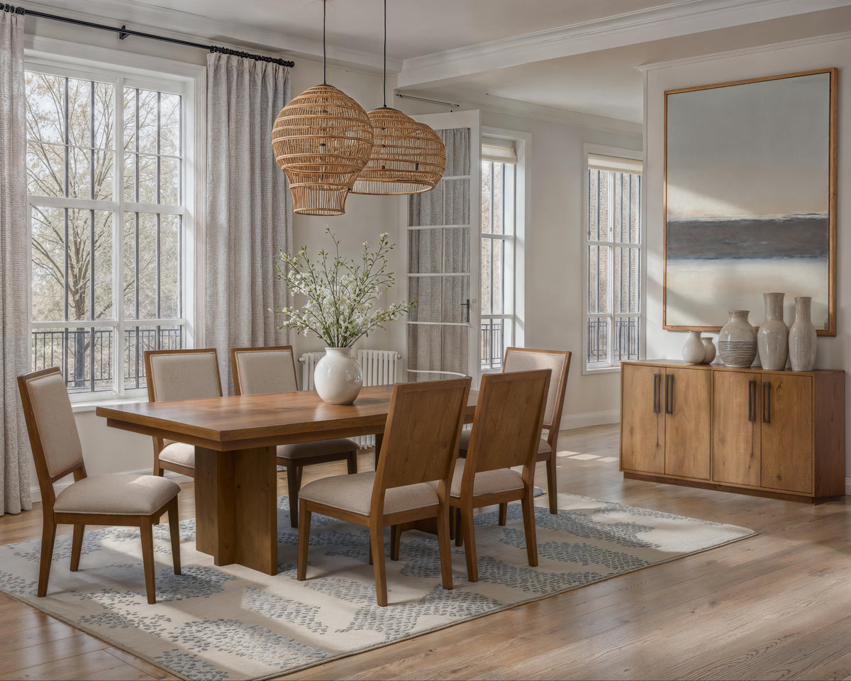 Magnussen Home Marcel Harvest Brown Extendable Trestle Dining Table With 2 Benches And Buffet