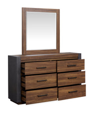 Magnussen Home Jensen Tavern Brown King Panel Bed 2 Nightstands Double Drawer Dresser With Landscape Mirror And Drawer Chest