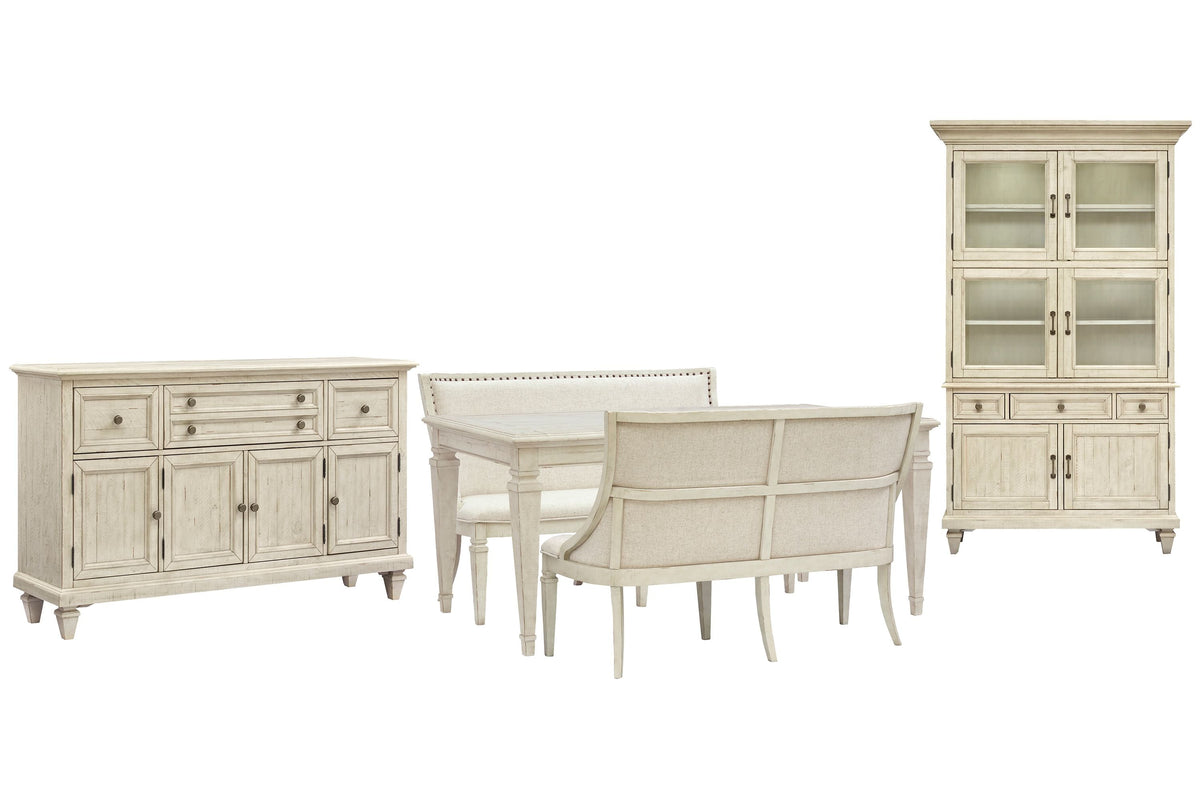 Magnussen Home Newport Alabaster Extendable Rectangular Dining Table With 2 Upholstered Benches Buffet And Dining Cabinet