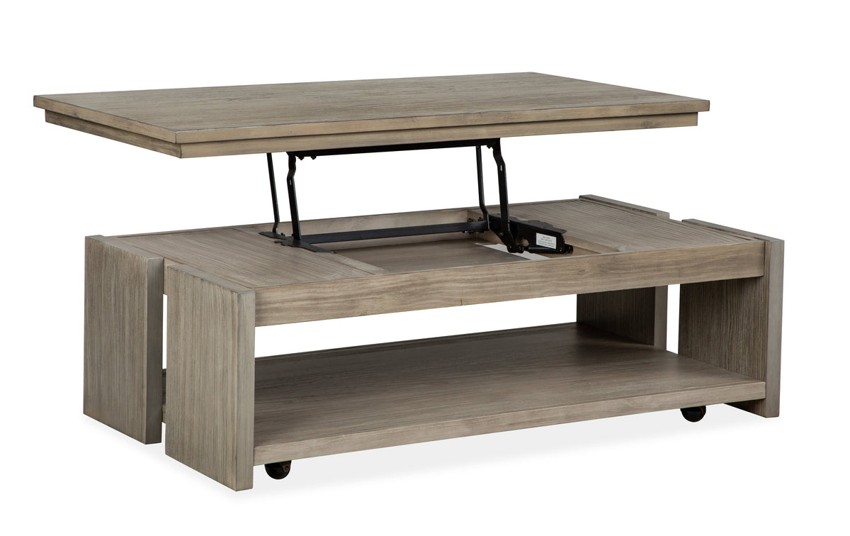 Magnussen Home Conrad Stone Harbor Grey Rectangular Lift Top Storage Cocktail Table With 2 End Table And Sofa Table