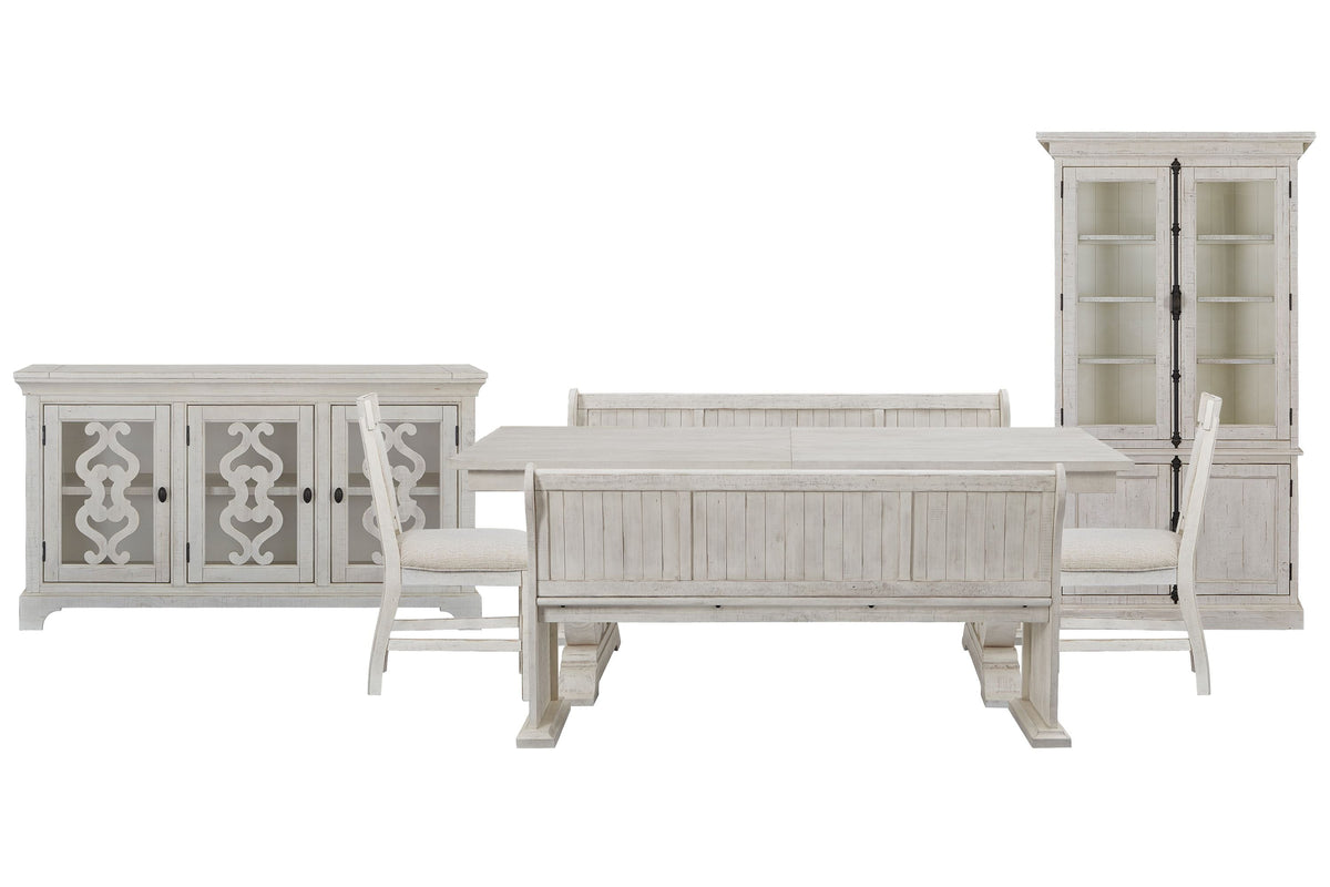 Magnussen Home Bronwyn Alabaster Extendable Rectangular Dining Table With 2 Benches 2 Upholstered Side Chairs Server And Dining Cabinet