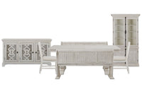 Magnussen Home Bronwyn Alabaster Extendable Rectangular Dining Table With 2 Benches 2 Upholstered Side Chairs Server And Dining Cabinet