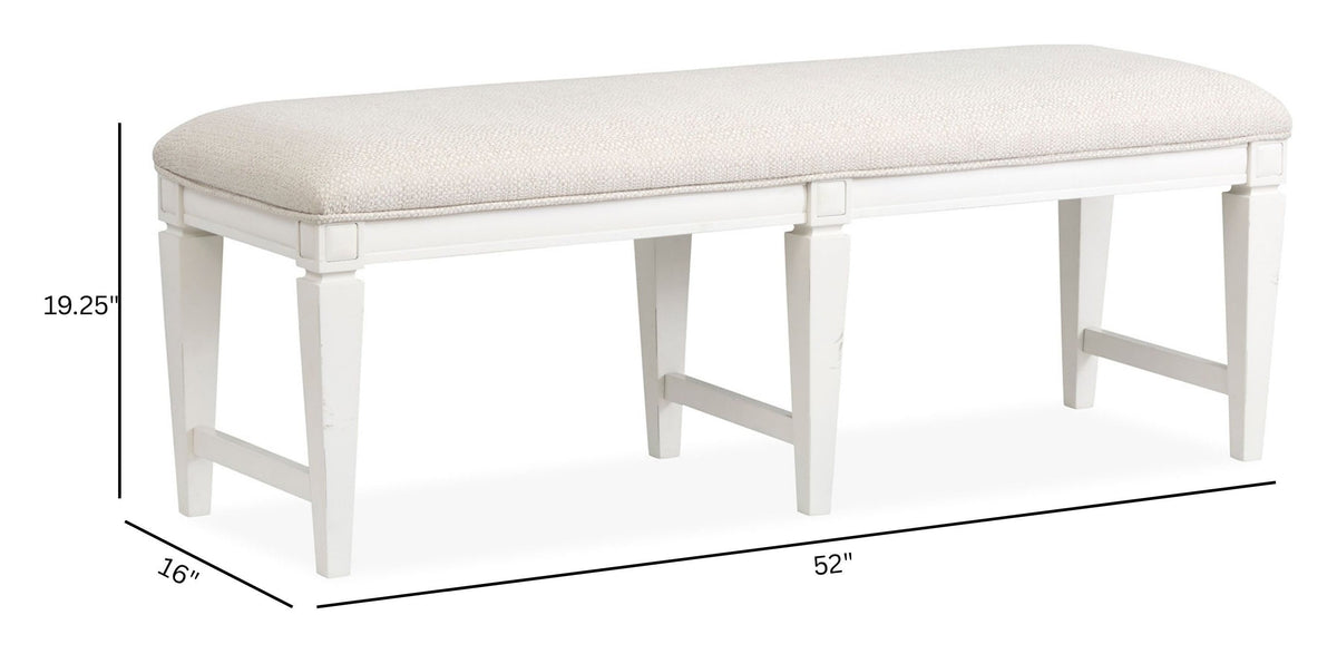 Magnussen Home Willowbrook Egg Shell White Extendable Rectangular Dining Table With 2 Upholstered Side Chairs Upholstered Bench And Buffet