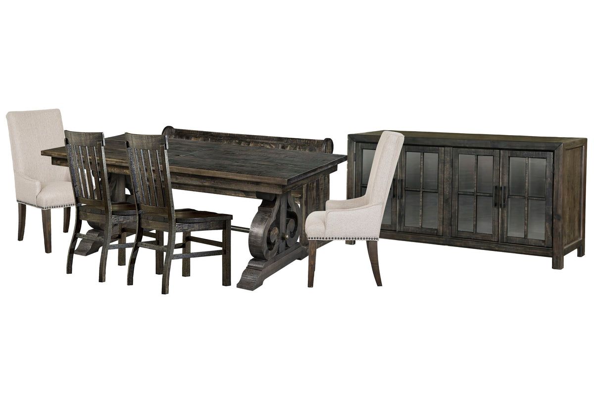 Magnussen Home Bellamy Peppercorn Extendable Rectangular Dining Table With 2 Side Chairs 2 Host Chairs Bench And Buffet