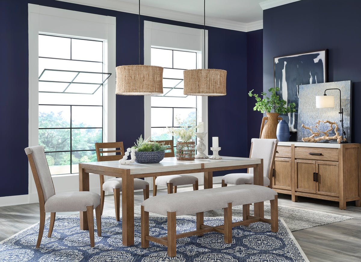 Magnussen Home Plum Creek Sierra Brown Rectangular Dining Table With 6 Upholstered Side Chairs And Server
