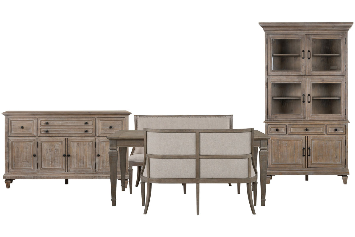Magnussen Home Lancaster Dovetail Grey Extendable Rectangular Dining Table With 2 Upholstered Benches Buffet And Dining Cabinet