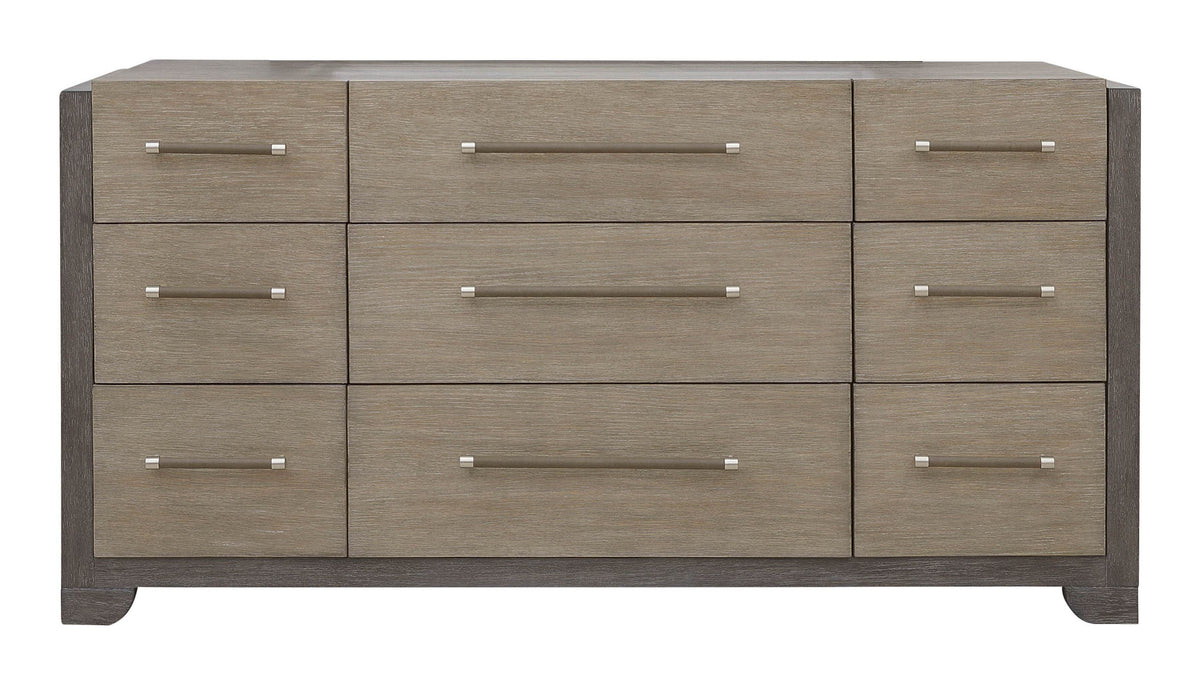 Pulaski Anderson Park Moose Trail And Frontier Brown California King Upholstered Panel Bed 2 Open Nightstands Drawer Dresser With Mirror And Drawer Chest