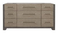 Pulaski Anderson Park Moose Trail And Frontier Brown California King Upholstered Panel Bed 2 Open Nightstands Drawer Dresser With Mirror And Drawer Chest