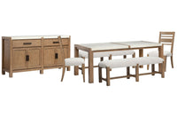 Magnussen Home Plum Creek Sierra Brown Rectangular Dining Table With 2 Benches 2 Side Chairs And Server