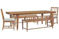 Magnussen Home Lindon Belgian Wheat Extendable Rectangular Dining Table With 2 Arm Benches And 2 Grey Side Chairs