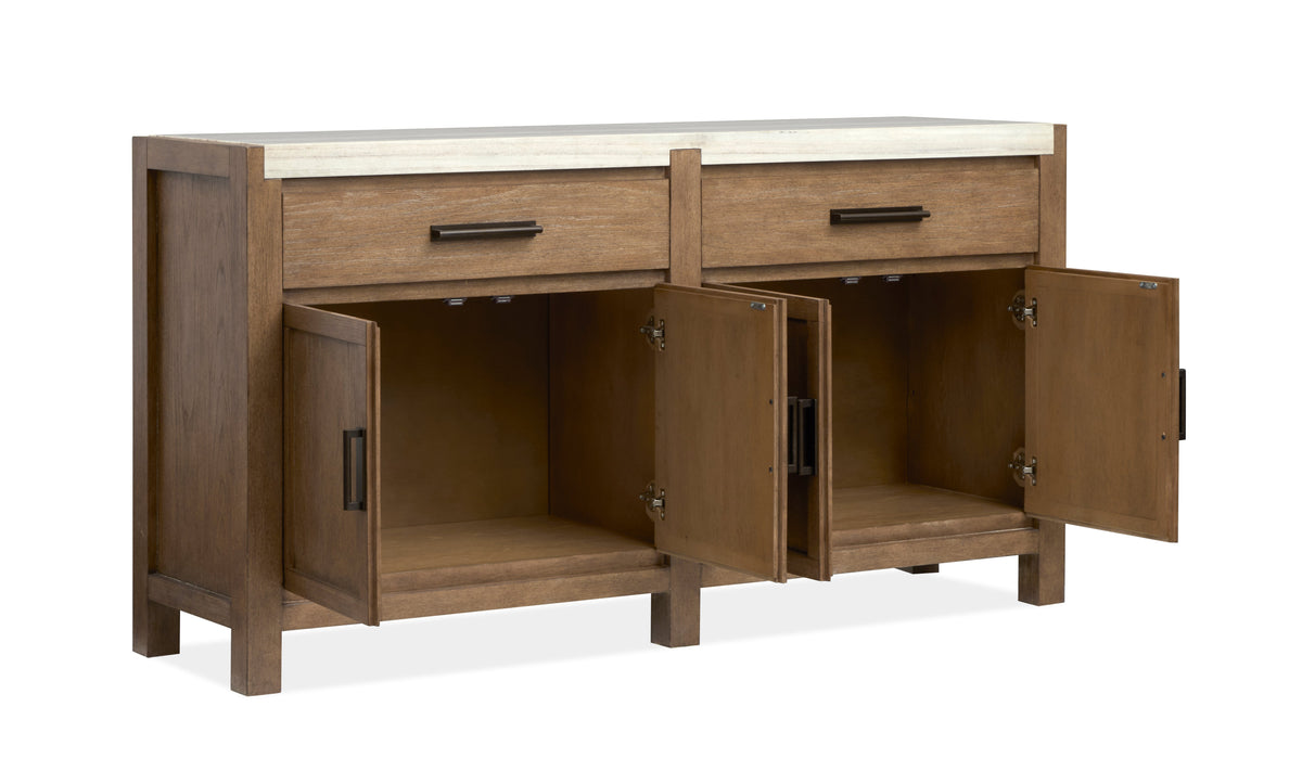 Magnussen Home Plum Creek Sierra Brown Rectangular Dining Table With 2 Benches 2 Side Chairs And Server