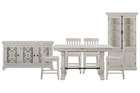 Magnussen Home Bronwyn Alabaster Extendable Rectangular Counter Height Dining Table With 4 Counter Chairs Server And Dining Cabinet