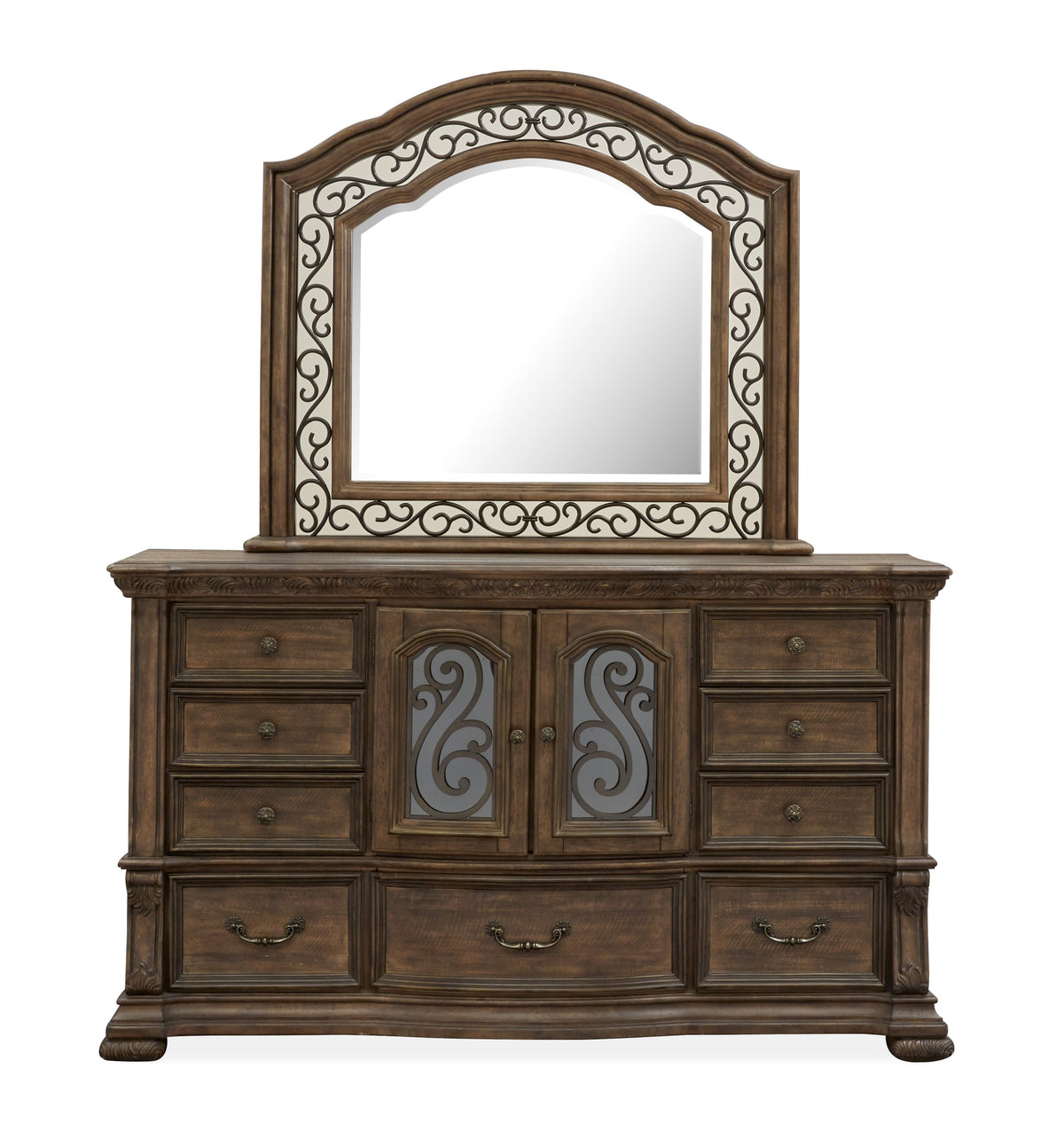 Magnussen Home Durango Willadeene Brown California King Upholstered Sleigh Storage Bed 2 Nightstands Drawer Dresser With Shaped Mirror And Drawer Chest