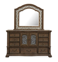 Magnussen Home Durango Willadeene Brown California King Upholstered Sleigh Storage Bed 2 Nightstands Drawer Dresser With Shaped Mirror And Drawer Chest