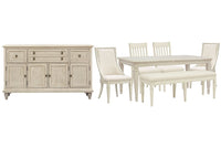 Magnussen Home Newport Alabaster Extendable Rectangular Dining Table With 2 Side Chairs 2 Arm Chairs Bench And Buffet