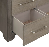 Pulaski Anderson Park Moose Trail And Frontier Brown California King Upholstered Panel Bed 2 Open Nightstands Drawer Dresser With Mirror And Drawer Chest