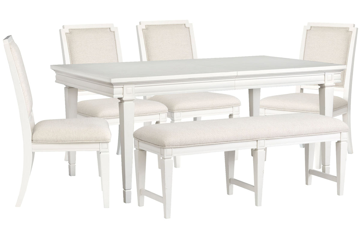 Magnussen Home Willowbrook Egg Shell White Extendable Rectangular Dining Table With 4 Upholstered Side Chairs And Upholstered Bench