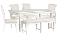 Magnussen Home Willowbrook Egg Shell White Extendable Rectangular Dining Table With 4 Upholstered Side Chairs And Upholstered Bench