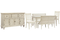 Magnussen Home Newport Alabaster Extendable Rectangular Dining Table With 2 Upholstered Benches 2 Side Chairs And Buffet